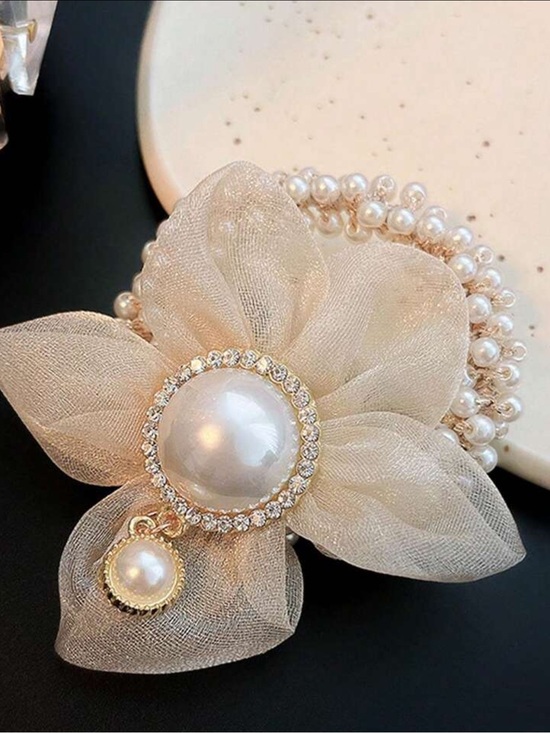 Accessories - Pearl & Organza Flower hair accessories for ponytails- Cream Pearl Detail